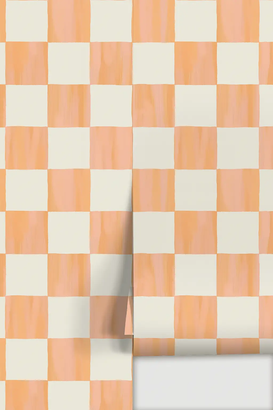 Checkers Coral Peel and Stick wallpaper with peach-orange and cream checkerboard on Tampa Home & Garden Store
