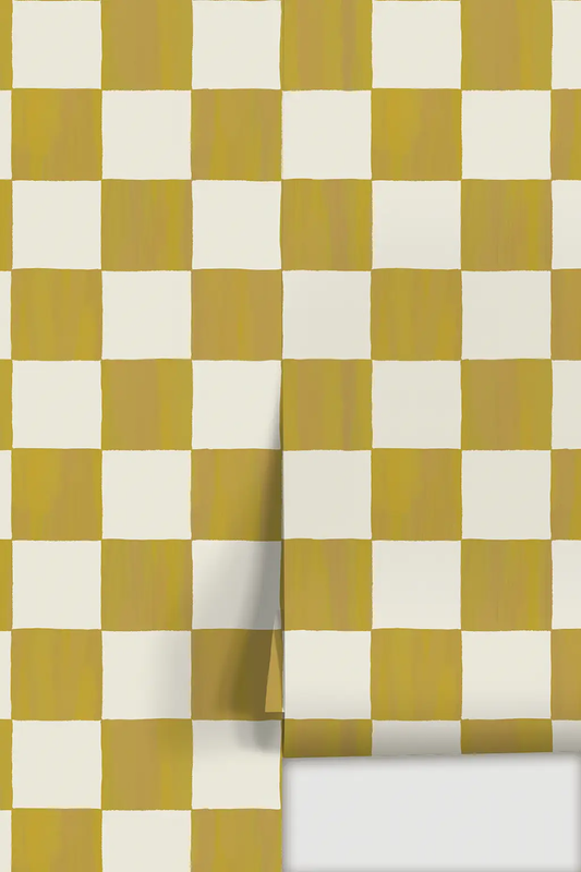 Checkers wallpaper mustard peel-and-stick with cream squares, Samantha Santana Creative on Tampa Home & Garden Store
