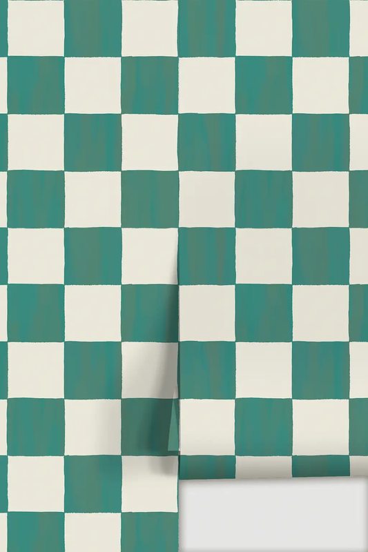 Teal Checkers Wallpaper Peel and Stick with cream squares on Tampa Home & Garden Store