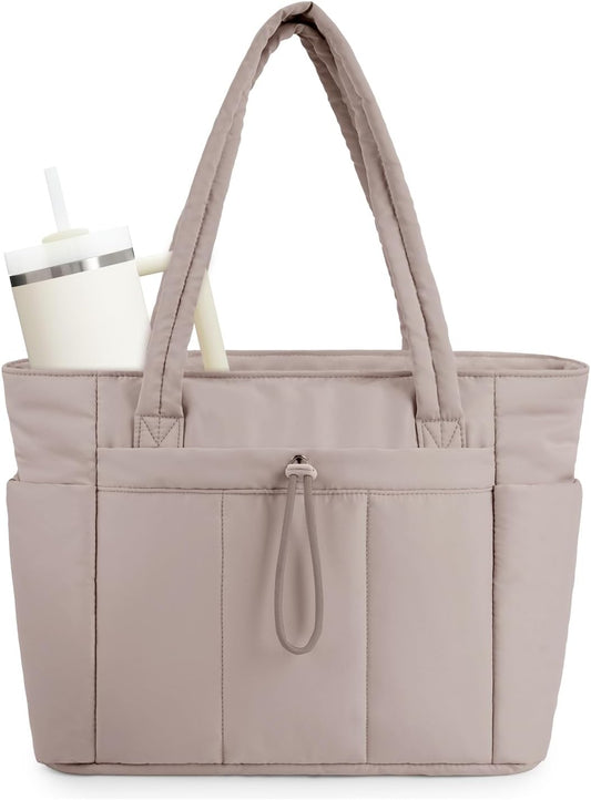 Quilted Puffer Tote Bag with Laptop Sleeve & Cup Holder 20L Travel Work