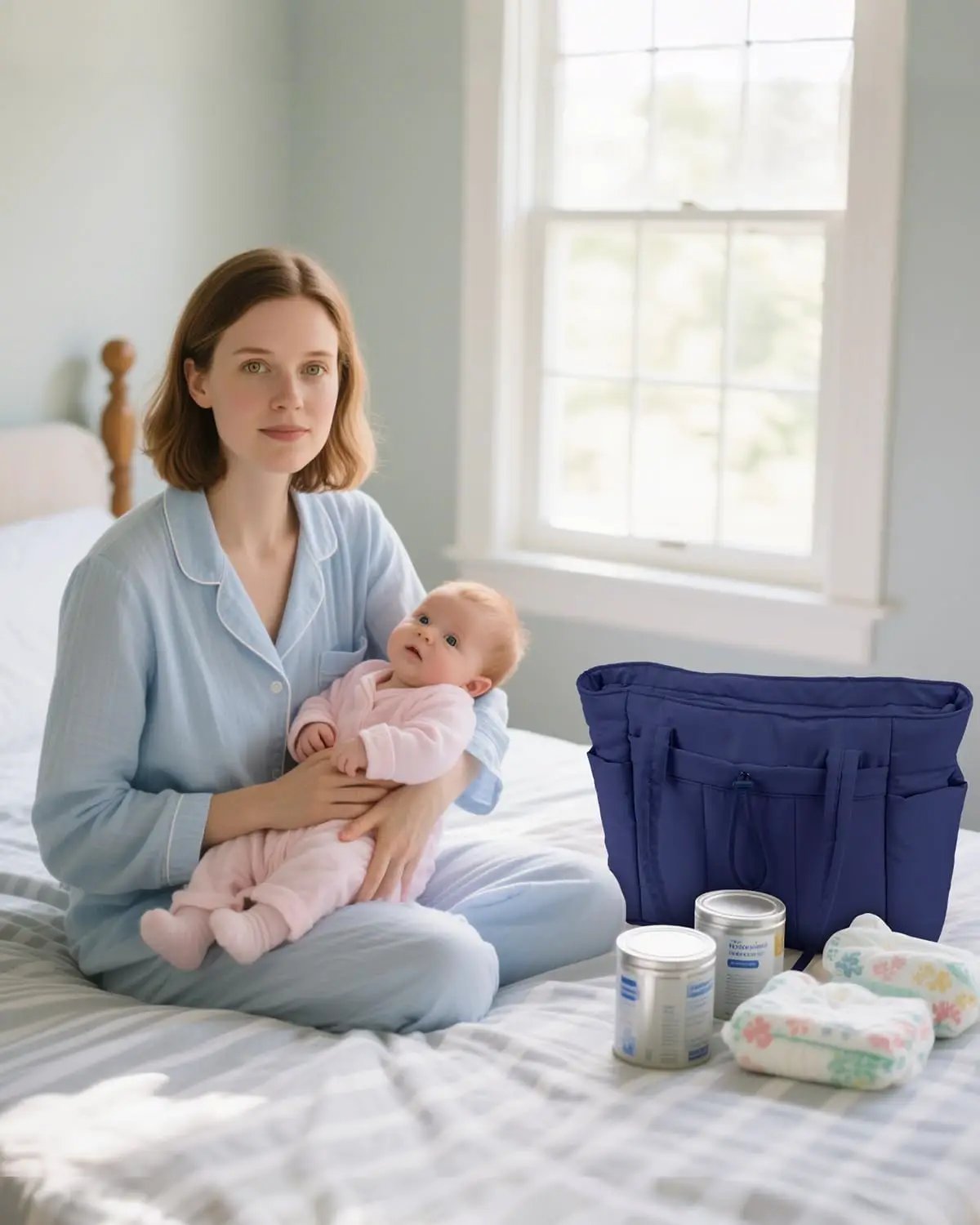 Quilted Puffer Tote with Cup Holder by Moktan Sabai in navy, on bed beside baby items on Tampa Home & Garden Store