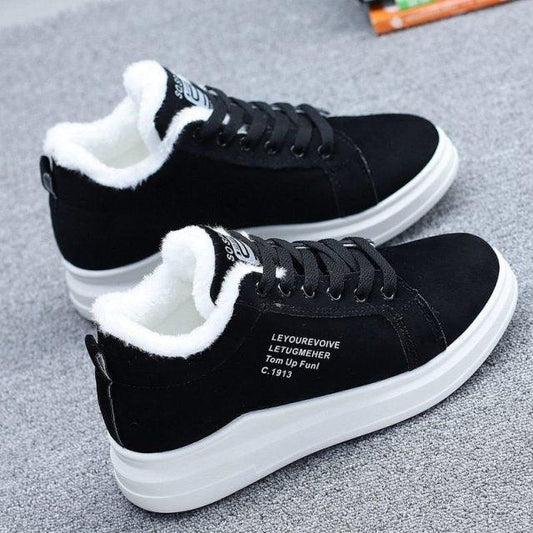 Stevvex black fur-lined lace-up winter sneakers with plush lining and chunky sole on Tampa Home & Garden Store