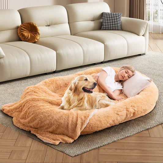 DirectDeals washable fluffy dog bed with soft plush blanket, orange round pet bed on rug on Tampa Home & Garden Store