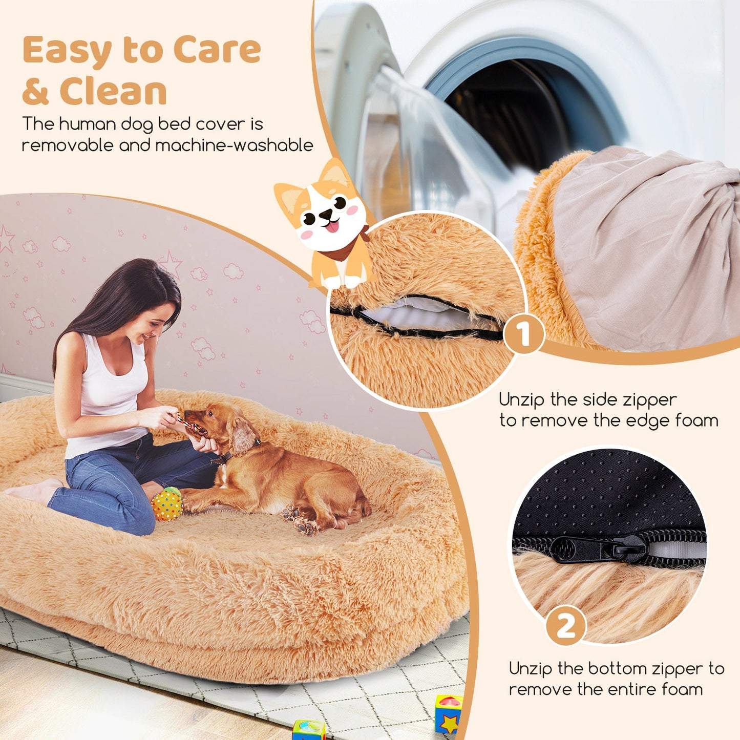 Washable Fluffy Human Dog Bed with Soft Blanket and Plump Pillow - Tampa Home & Garden Store