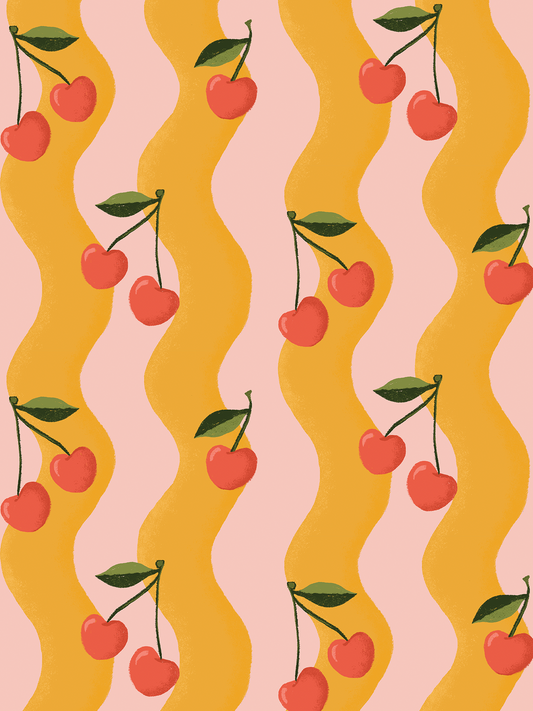 Wallpaper Wavy Cherry pink and yellow pattern with cherries by Samantha Santana Creative on Tampa Home & Garden Store