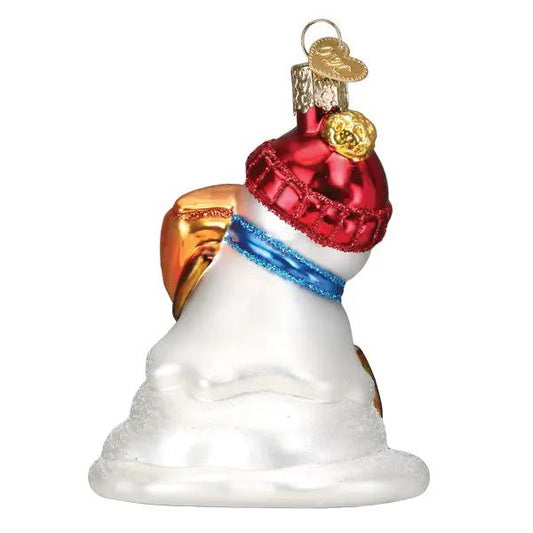 Flamin' Hot Cheetos Snowman Glass Ornament white glass snowman with red hat and blue scarf on Tampa Home & Garden Store