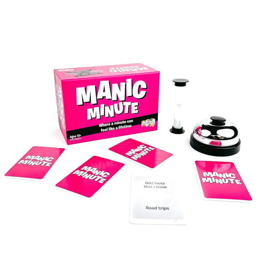 Manic Minute card game with pink backs, white prompt cards, and timer accessory for 3–6 players on Tampa Home & Garden Store