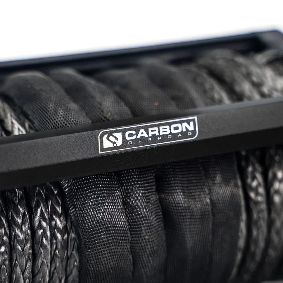 Carbon Offroad Long Drum 6000lb winch with black braided rope and logoed frame on Tampa Home & Garden Store