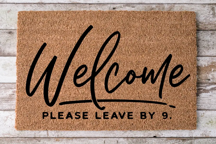 Door mat Welcome Please Leave By 9, natural coir, DecoExchange, 30x18 in on Tampa Home & Garden Store