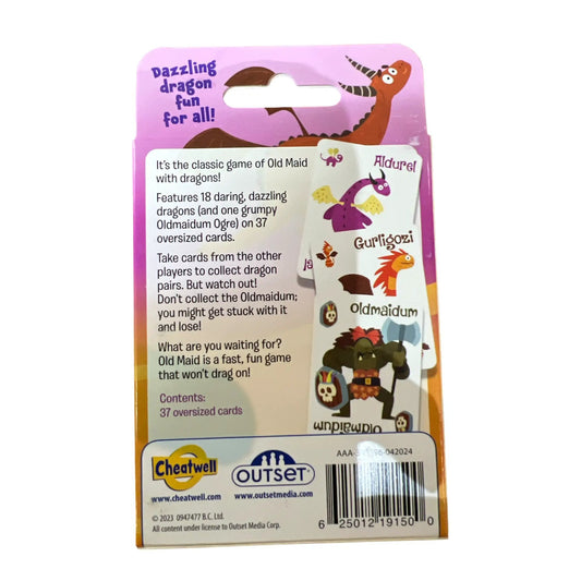 Dragons Old Maid Card Game packaging back with purple dragon and Cheatwell/Outset logos on Tampa Home & Garden Store