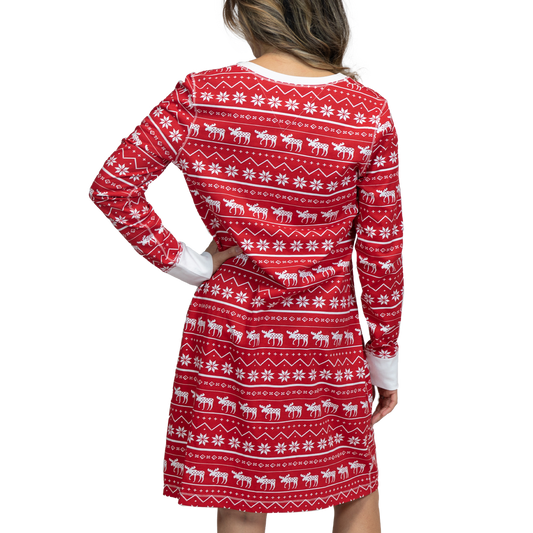 Nordic Moose Nightshirt red with moose pattern, 100% cotton, long-sleeve back view on Tampa Home & Garden Store