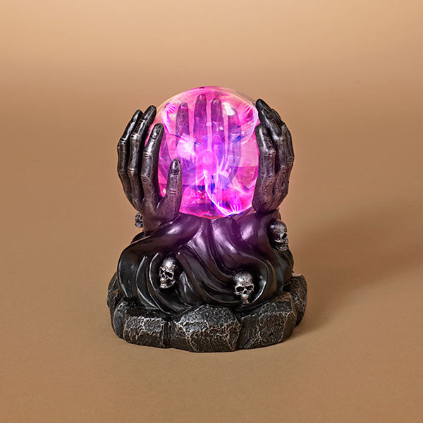 Six Inch Light Up Reaper Hands Plasma Glow figurine with purple orb and skulls on base on Tampa Home & Garden Store