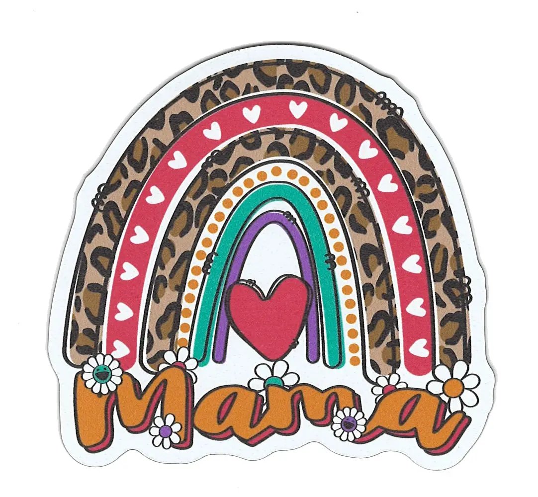 Mama Leopard Rainbow small flex magnet with leopard print arc, heart, and daisies for refrigerator magnets on Tampa Home & Garden Store