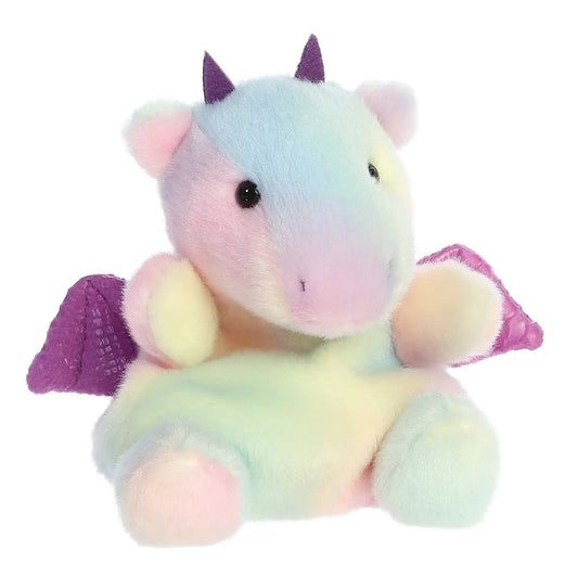Aster Dragon Palm Pal plush pastel rainbow fur with purple horns and pink ears on Tampa Home & Garden Store