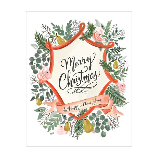 Linen embossed boxed Christmas cards with red frame, greenery and Merry Christmas script on Tampa Home & Garden Store