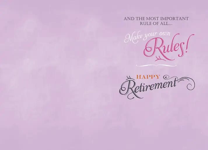 Retirement Rules greeting card on lavender purple background with pink Make your own Rules and Happy Retirement script on Tampa Home & Garden Store