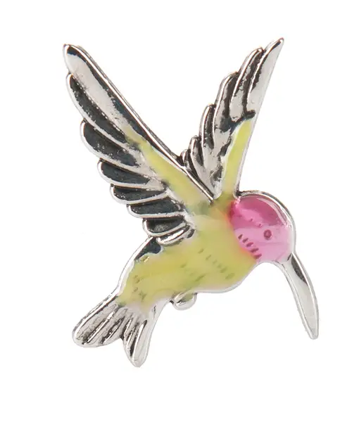 Hummingbird pocket charm pendant with yellow-green body and pink head, silver wings on Tampa Home & Garden Store