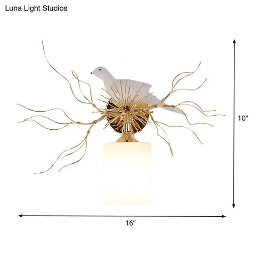White glass wall lamp with bird accent for bedroom, Decorbites wall light, gold twig mount on Tampa Home & Garden Store