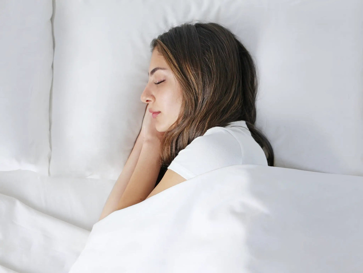 Organic Percale Bed Sheets Set for Cooling Sleep on white bedding with a sleeping woman on Tampa Home & Garden Store
