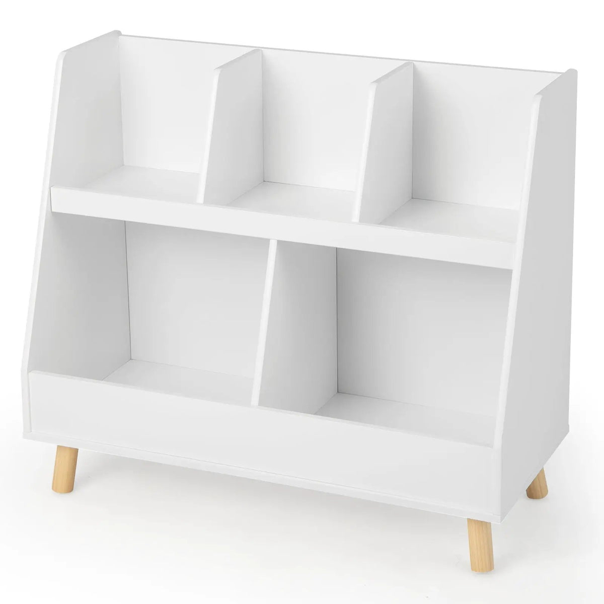 5-Cube Kids Bookshelf and Toy Organizer white with light wooden legs; open cubbies on Tampa Home & Garden Store