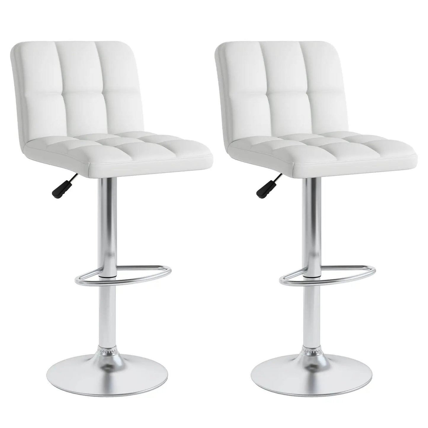 Set of 2 white PU leather swivel bar stools with square backs and footrests on chrome pedestals on Tampa Home & Garden Store