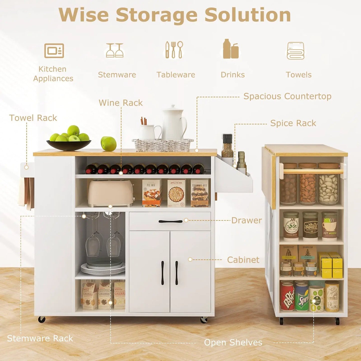 Rolling Kitchen Island Cart with Power Outlet in white/gray, wine rack & open shelves on Tampa Home & Garden Store