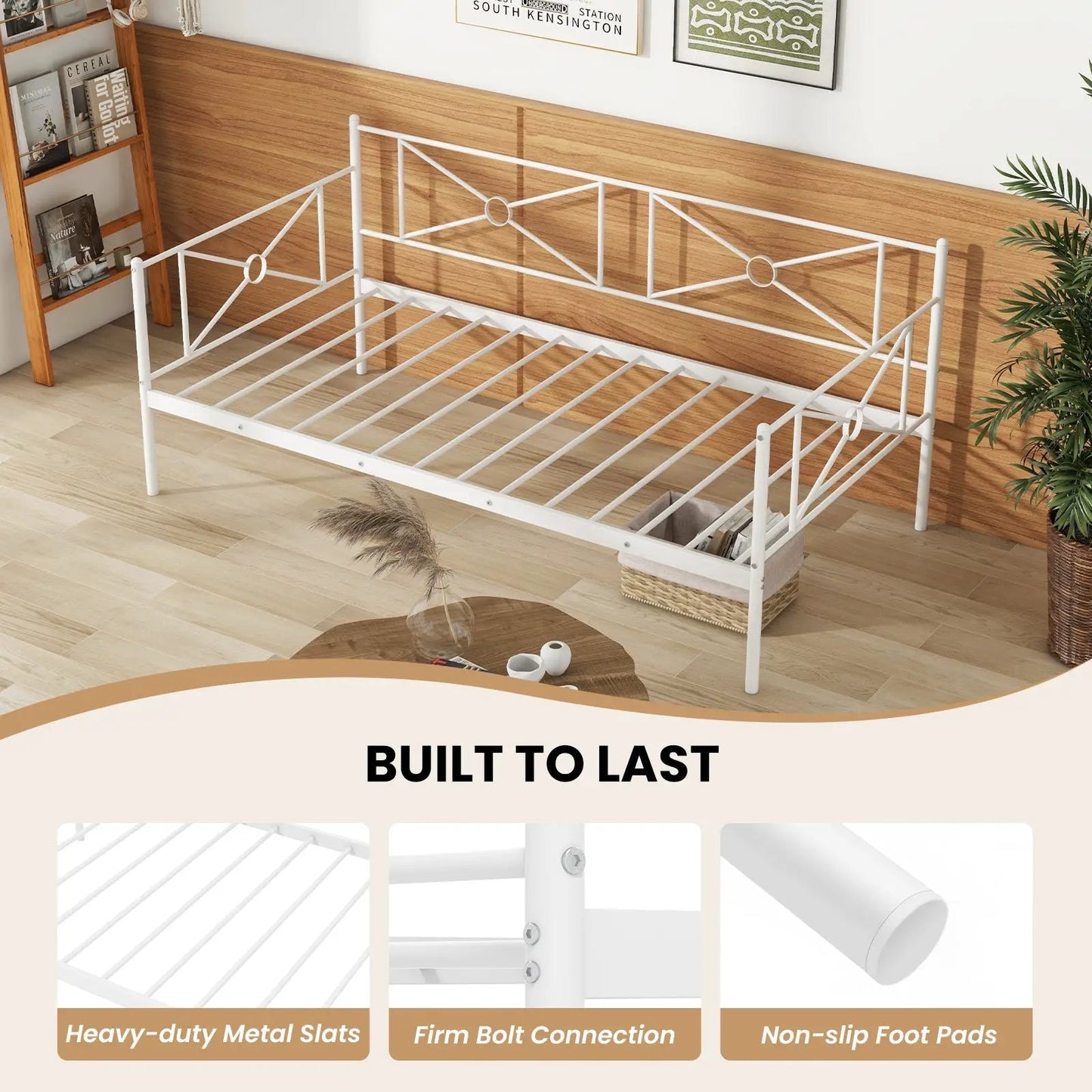 Metal daybed twin bed frame and sofa bed in white with circular accents and slatted base on Tampa Home & Garden Store