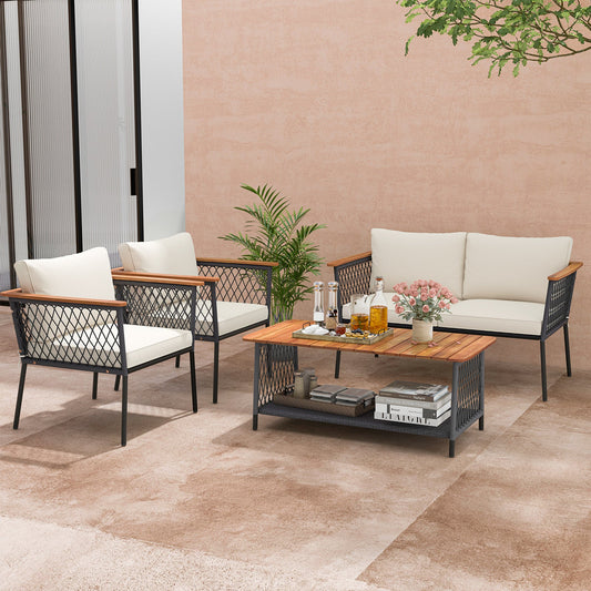 4 Piece Patio Rattan Furniture Set with 2-Tier Coffee Table-White - Tampa Home & Garden Store