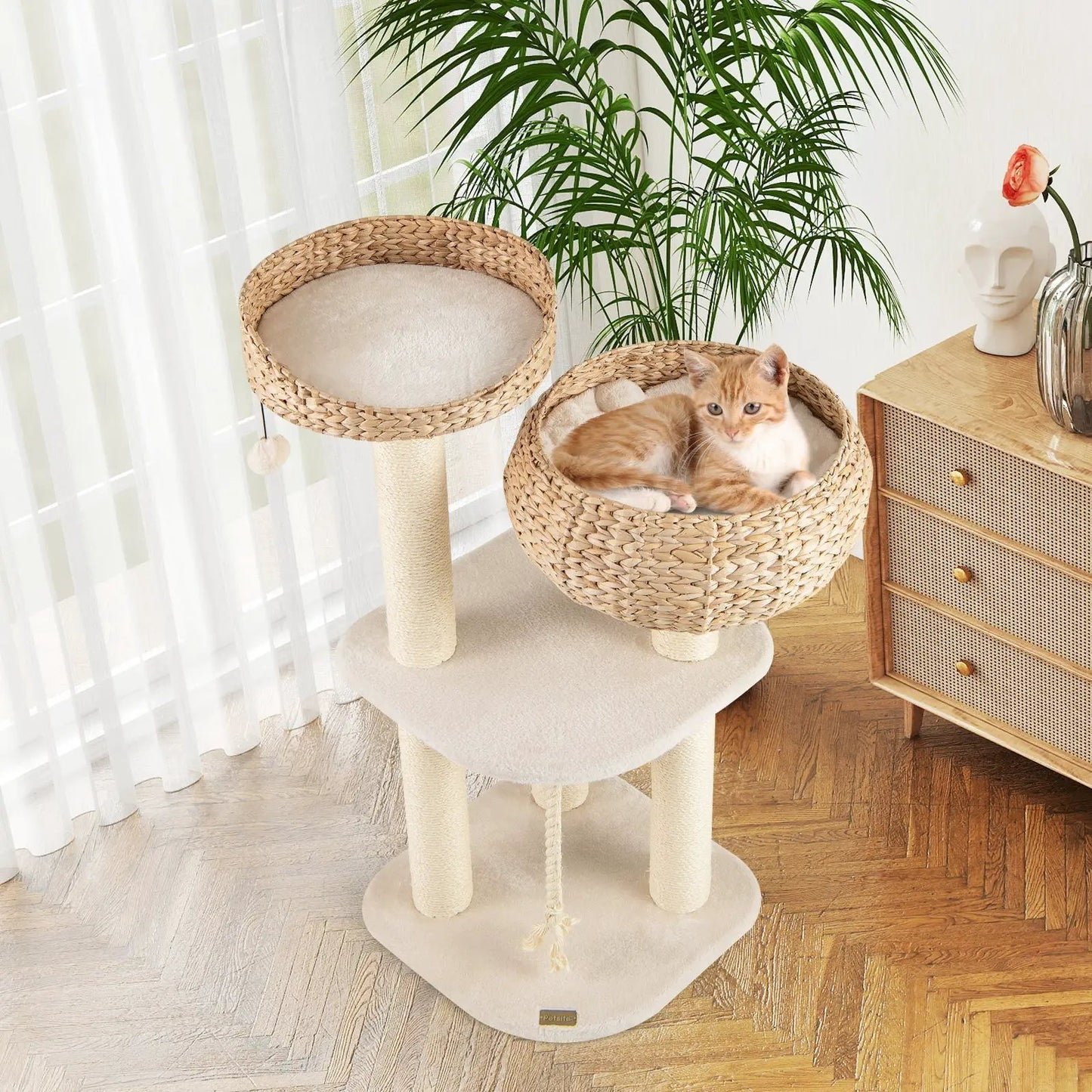 41 Inch Rattan Cat Tree with Napping Perch, dual round baskets, DirectDeals on Tampa Home & Garden Store