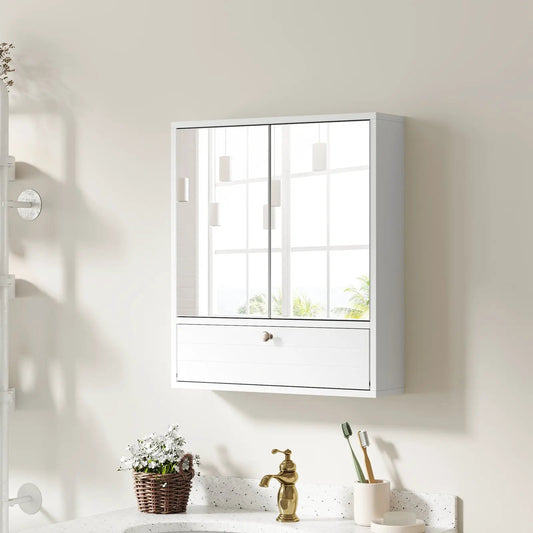 White double-door wall-mounted medicine cabinet with mirrored doors and bottom drawer on Tampa Home & Garden Store