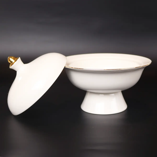 White Versailles soup bowls with lids, porcelain with gold rim, set of 4 on Tampa Home & Garden Store