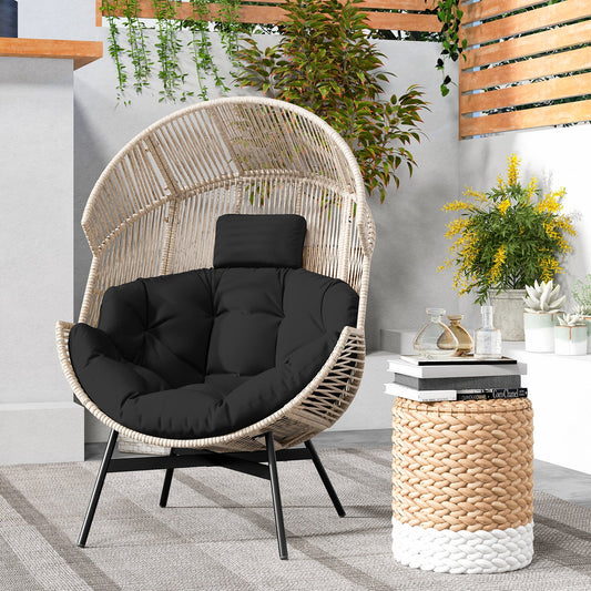 Wicker Oversized Egg Style Chair with Cushions and Headrest-Black - Tampa Home & Garden Store