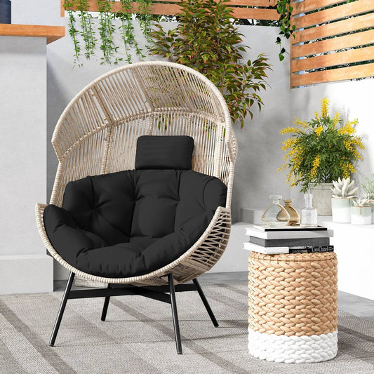 Wicker Oversized Egg Style Chair with Cushions and Headrest-Black - Tampa Home & Garden Store