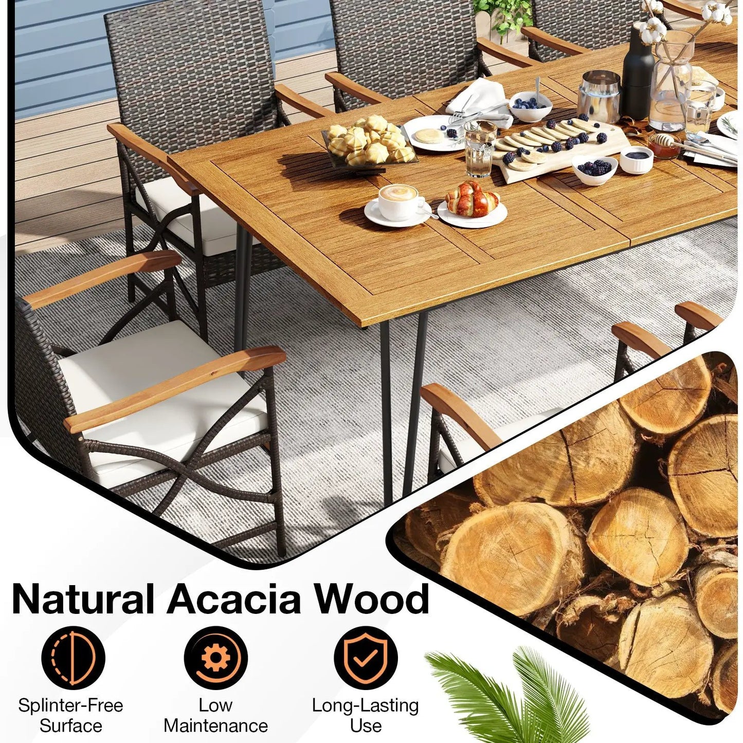 Wicker Patio Furniture Set of 8 Armchairs with Soft Cushions and Acacia Wood Square Table - Tampa Home & Garden Store