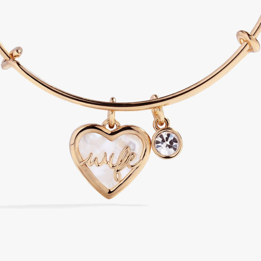 Wife Mother of Pearl Heart Bangle in rose gold with mother-of-pearl heart charm and crystal charm on Tampa Home & Garden Store