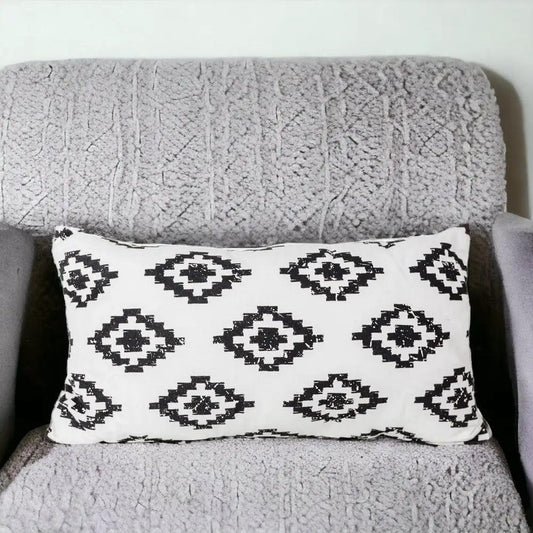 Wild At Heart throw pillow with black geometric diamond print on white by Gia Roma on Tampa Home & Garden Store