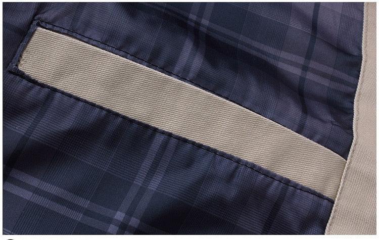 Navy plaid windproof bomber jacket with beige stripe panel on Tampa Home & Garden Store