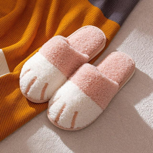 Stevvex women's plush cat-paw slippers, pink fuzzy velvet warm indoor cotton slides, pair on Tampa Home & Garden Store