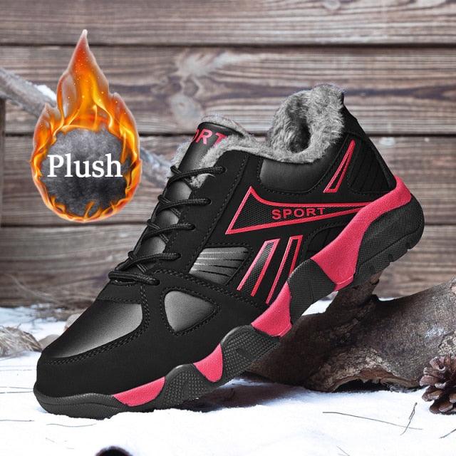 Winter leather sneakers waterproof, black with pink accents, plush lining, lace-up, anti-slip sole on Tampa Home & Garden Store