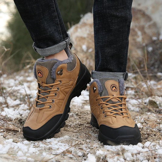 Stevvex men winter boots tan leather with fur lining and black outsole for outdoor hiking on Tampa Home & Garden Store