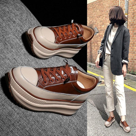 Stevvex women's brown beige leather platform sneakers, high-top lace-up, thick sole 7cm, pair on Tampa Home & Garden Store