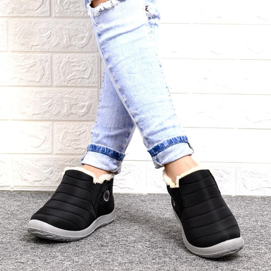 Stevvex women's waterproof winter ankle boots with faux fur lining, black quilted slip-ons on Tampa Home & Garden Store