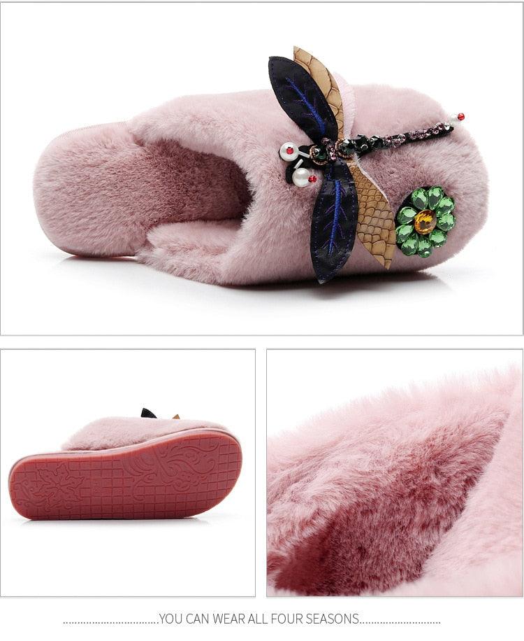 Stevvex pink plush fur slippers with memory foam, decorative flower brooch, indoor use on Tampa Home & Garden Store