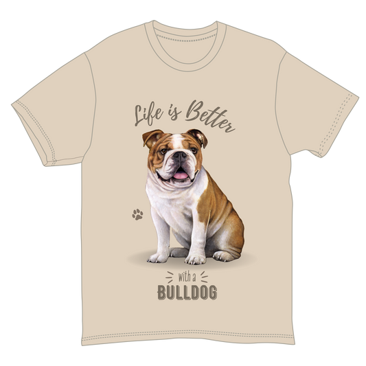 T-shirt beige with bulldog graphic and Life Is Better With a Bulldog text on Tampa Home & Garden Store