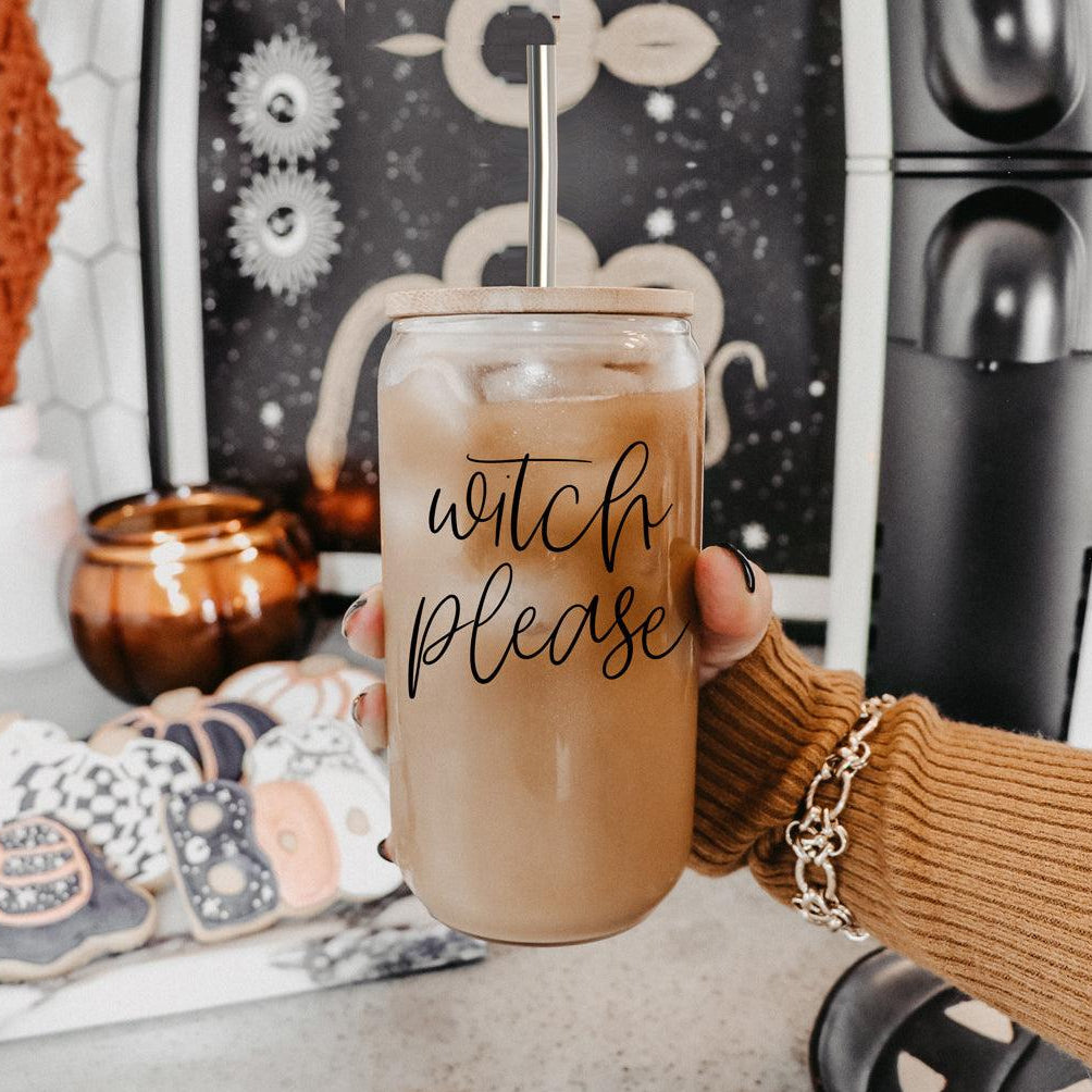 Witch Please 17oz travel mug Gia Roma glass with wooden lid and metal straw iced coffee on Tampa Home & Garden Store