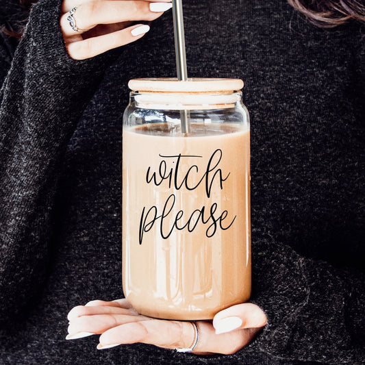 Witch Please 17oz travel mug mason jar style with wood lid and metal straw beige coffee on Tampa Home & Garden Store