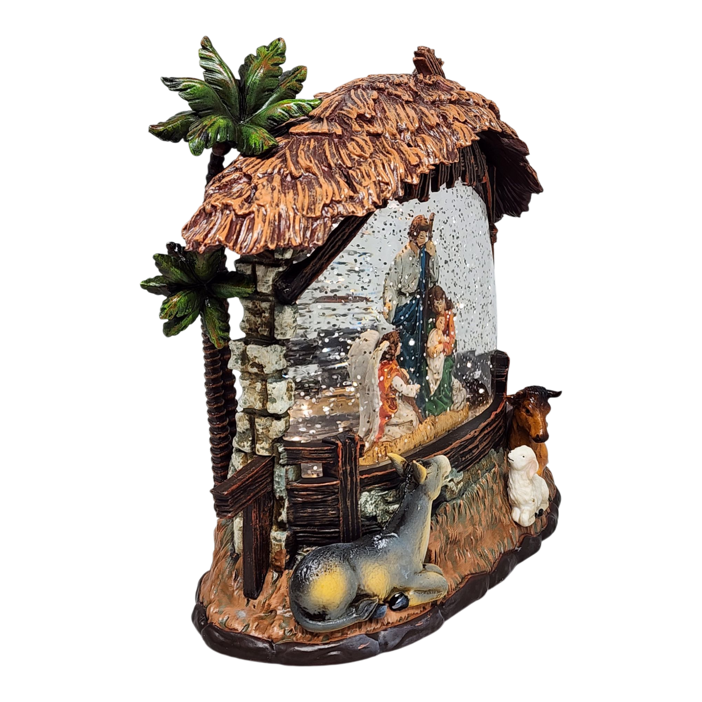 Enchanted Lighted Spinning Nativity Waterglobe with palm tree hut scene on Tampa Home & Garden Store