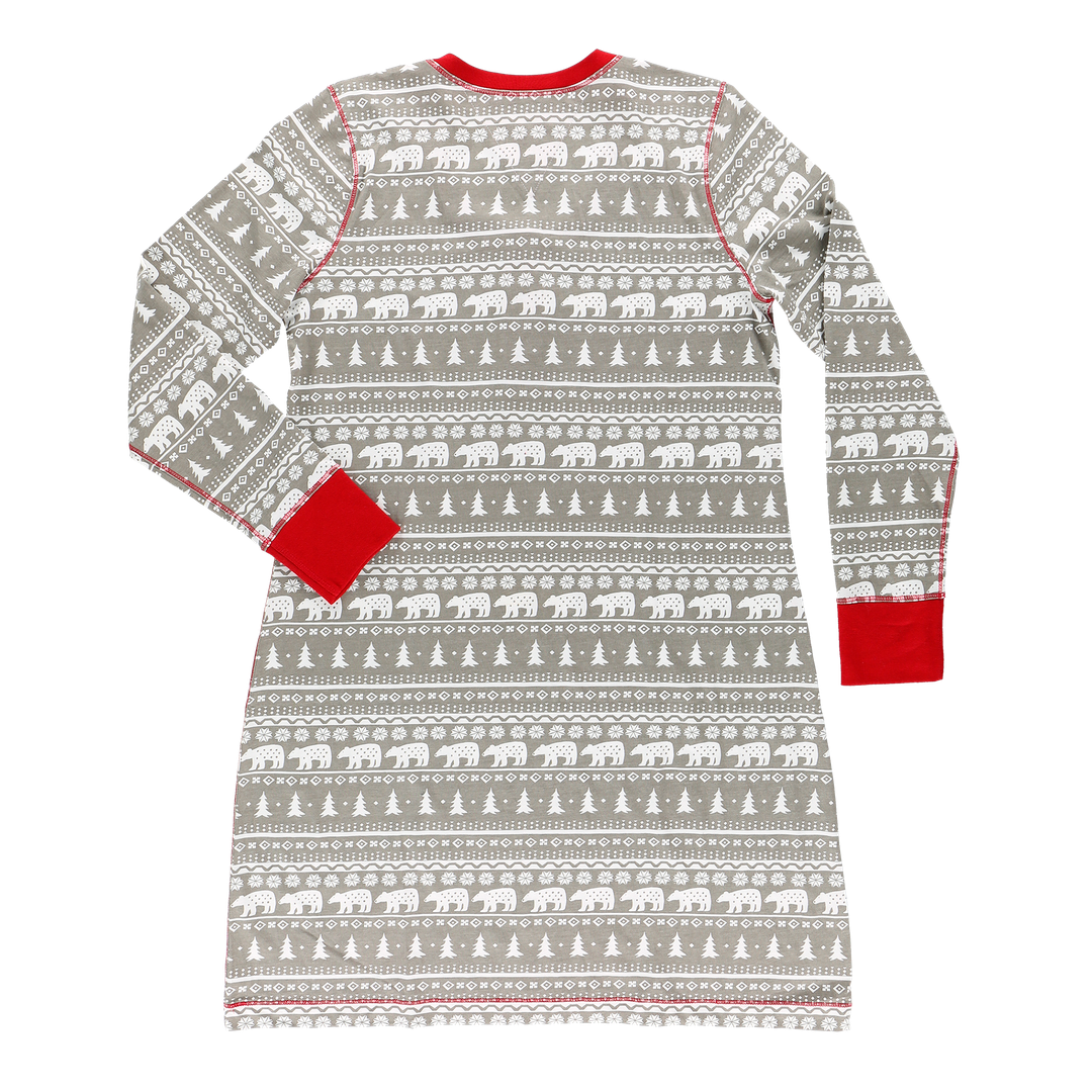 Nordic Bear Nightshirt cotton knit in gray with white bear/tree pattern and red cuffs on Tampa Home & Garden Store