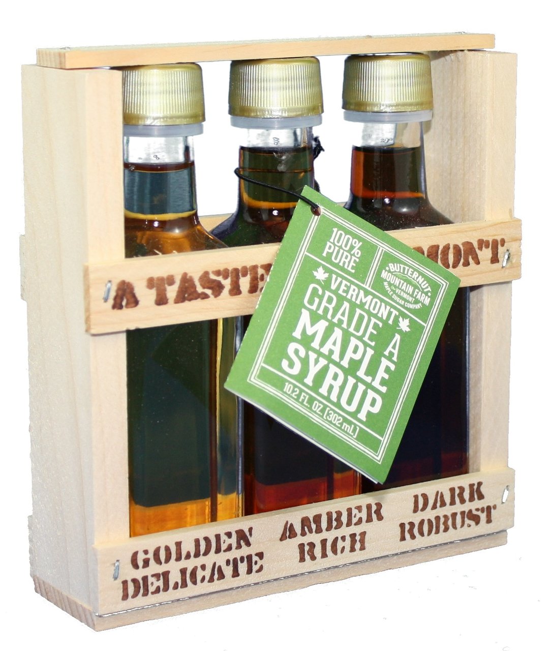 Vermont Grade A Maple Syrup Sampler Crate Trio with 3 amber glass bottles in a wooden crate on Tampa Home & Garden Store