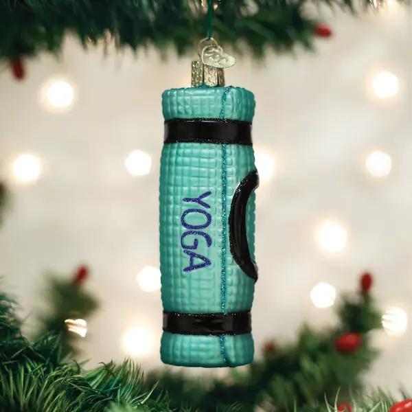 Yoga Mat Glass Ornament turquoise with black bands, 4.25 inches tall, The Country Christmas Loft on Tampa Home & Garden Store